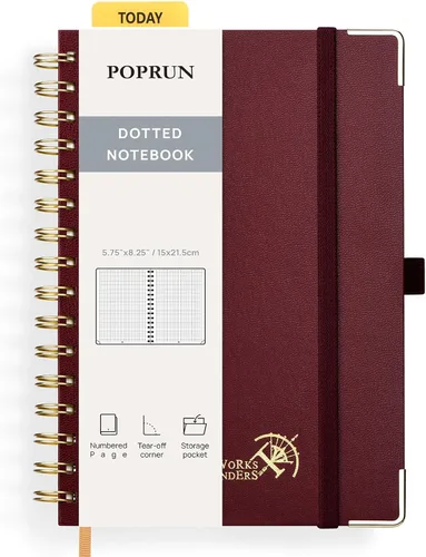 Miniatura 24 de POPRUN - Cuaderno de notas con espiral y puntos, diario A5 de 5.75" x 8.25", papel grueso de 120 gsm, 141 páginas numeradas, tapa dura para hombres