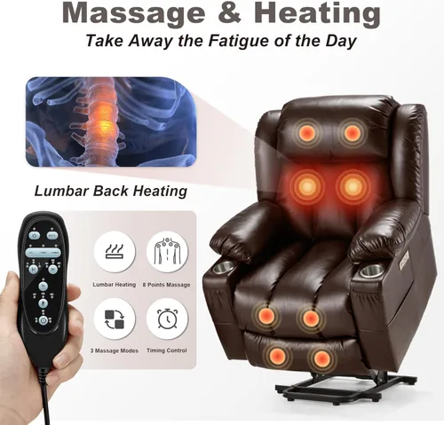 Miniatura 3 de Power Lift Sillón Reclinable de Cuero con Masaje y Calor, Silla Lazy Boy con Portavasos, Puertos USB y Tipo C, Control Remoto (Marrón)
