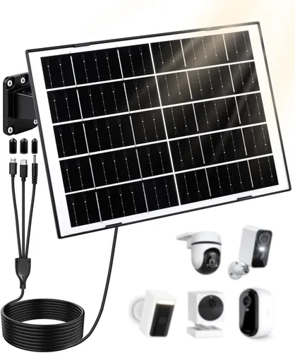 Panel solar de 8 W para cámara de seguridad, cargador de panel solar con puertos USB-C/Micro/DC de 5 V de 0.138 in, cable de 9.8 pies y montaje
