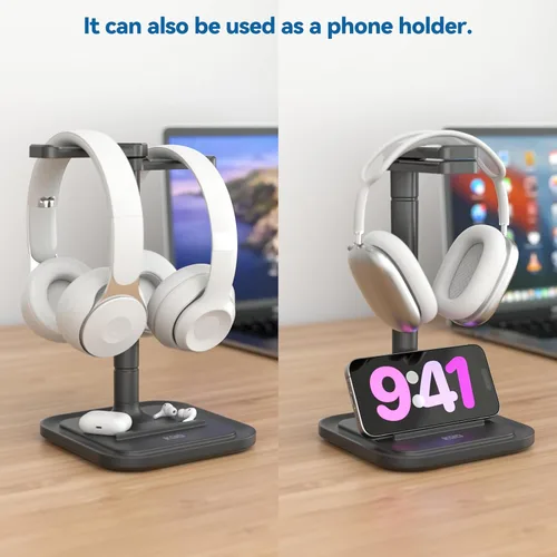 Miniatura 6 de KDD Soporte doble para auriculares para escritorio, colgador giratorio para auriculares con soporte para teléfono, base antideslizante extraíble