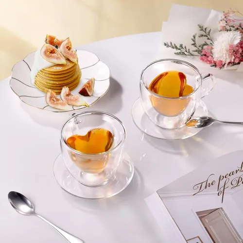 Miniatura 5 de Taza de café expreso glastal de 5oz de vidrio de doble pared, tazas de café con mango, juego de 2 tazas con platillo en forma de corazón, tazas