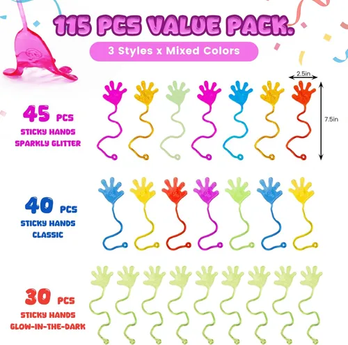 Miniatura 7 de Shindel 115 manos adhesivas con purpurina a granel para regalos de fiesta que brillan en la oscuridad, juguetes elásticos para manos adhesivas