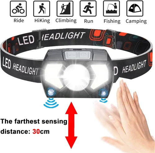 Miniatura 5 de Linterna frontal recargable, 1100 lúmenes, linterna LED brillante ultraligera con luz blanca y roja, paquete de 3 linternas de cabeza con sensor