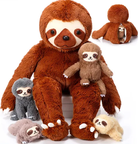 Kasyat Juego de 5 juguetes de peluche de perezoso de 13 pulgadas con 4 lindos peluches de bebé en vientre con cremallera para niños, regalos de