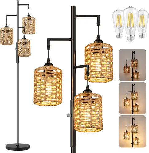 Miniatura 10 de ROTTOGOON Lámpara de Pie Bohemia Regulable - Lámpara de Pie de Ratán de Granja de 3 Luces para Sala de Estar, Lámparas de Pie Industriales tipo