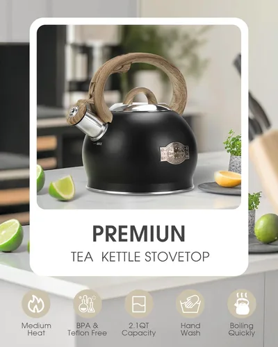 Miniatura 3 de Hauce Radio - Hervidor de Té para Estufa, Negro - Hervidores de Té de 2.1 Quart con Silbato Fuerte para Estufa, Acero Inoxidable de Grado