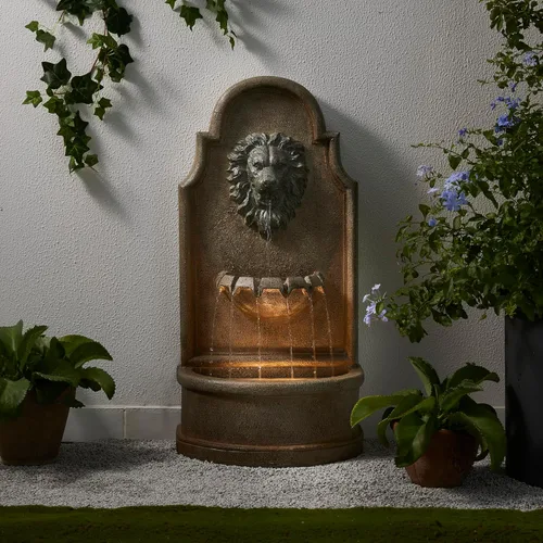 Miniatura 13 de Glitzhome Fuente de agua para exteriores con luz LED y bomba, moderna fuente de poliresina de 5 niveles y esfera para exteriores, fuente de cascada