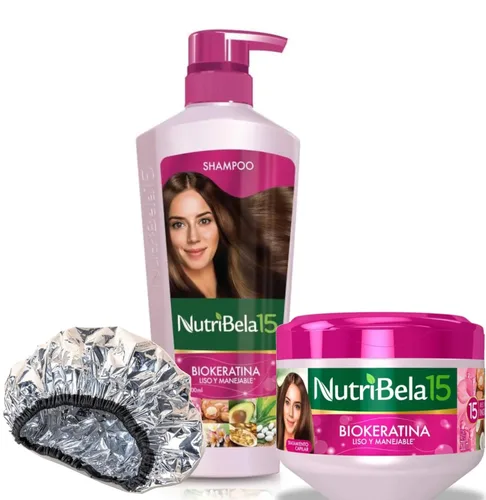 Kit (Champú + Tratamiento + Tapa de Aluminio) Biokeratin | Set Biokeratina Liso y Manejable Nutribela15 Colombia (Champu + Tratamiento + Gorro de