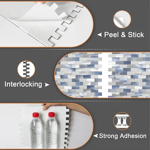 Miniatura 5 de VAOVI Azulejos de cocina para salpicaduras de metal adhesivo de ladrillo adhesivo adhesivo de mosaico de pared de baño impermeable