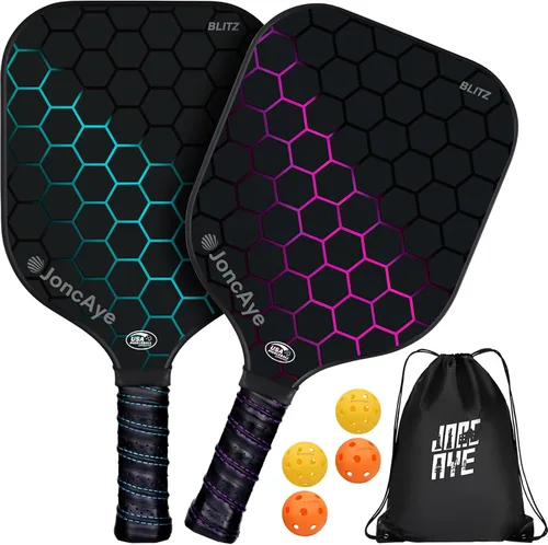 JoncAye Pickleball Paddles Set of 4 or 2, USAPA Approved Fiberglass Rackets with Outdoor Indoor Balls, Bag, Overgrip, Lightweight for Family, Azul y