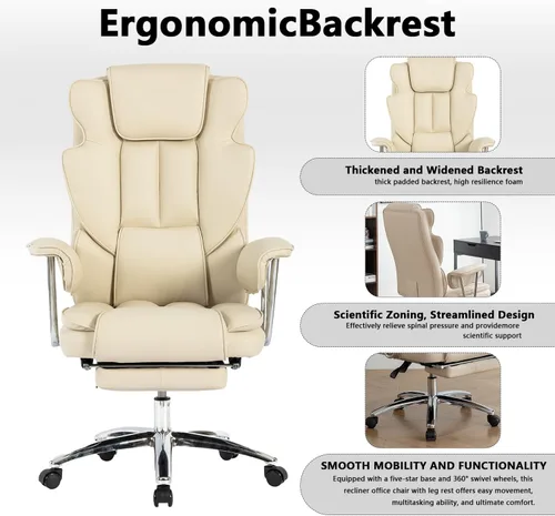 Miniatura 3 de Silla de oficina de piel sintética totalmente reclinable y cómoda silla de oficina grande y alta, 500 libras con reposapiés, ruedas y brazos Beige