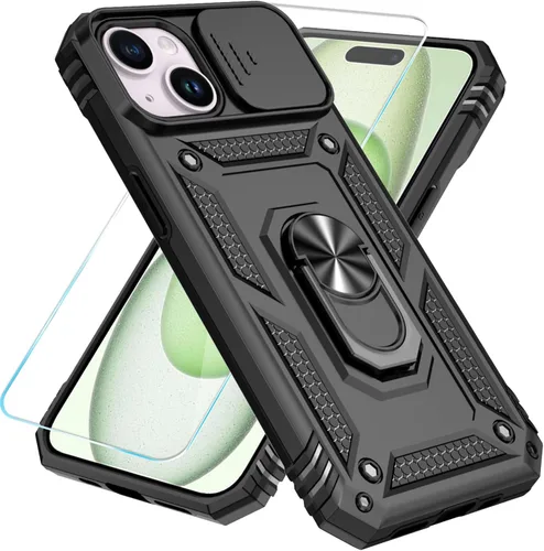 Miniatura 11 de SunStory Funda compatible con iPhone 15 con protector de pantalla HD, cubierta de cámara deslizante y soporte de anillo giratorio, [grado militar]