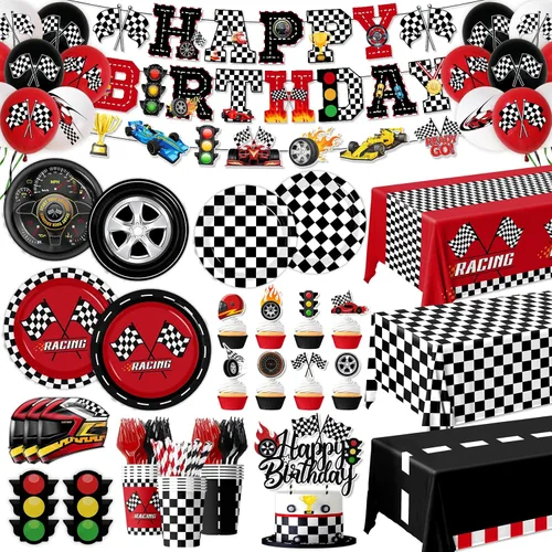 Decoraciones de Fiesta de Cumpleaños de Autos de Carrera, 185 piezas Decoraciones de Cumpleaños de Autos Platos y Servilletas Vasos Manteles, Adorno