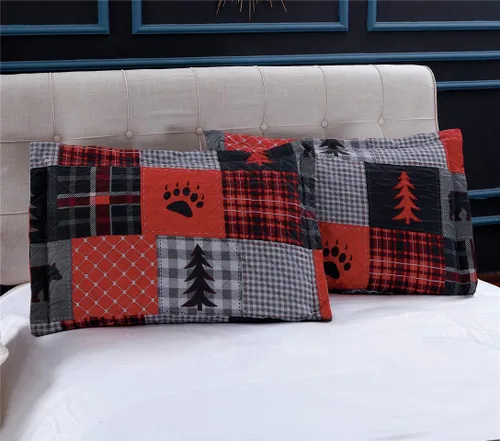 Miniatura 7 de Juego de edredones rústicos de oso, tamaño matrimonial/queen, colcha a cuadros rojo y negro, ropa de cama ligera, colcha de cabaña de lodge, Rojo