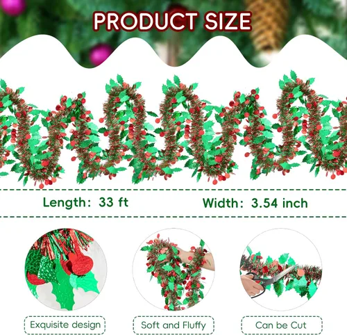 Miniatura 2 de Guirnalda de Oropel de Navidad de 33 Pies, Guirnalda de Oropel Metálico Trenzado Rojo Verde con Ornamentos de Bayas y Hojas, Decoración Colgante
