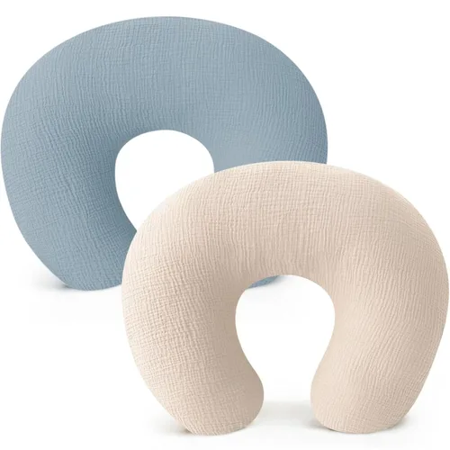 2 Pack Newborn Muslin Nursing Pillow Covers Soft Nursing Cover for Breastfeeding Pillow Slipcover for Baby Girls Boys (Blue+Cream)