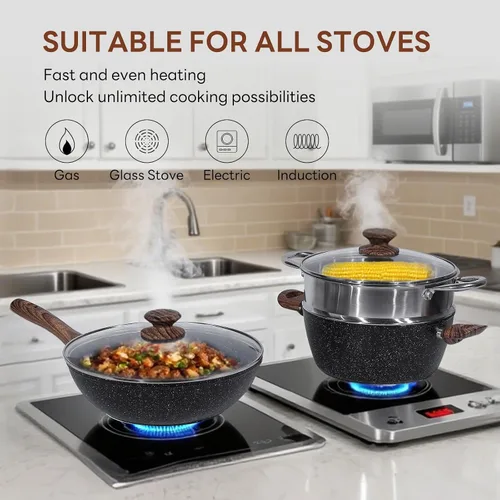Miniatura 3 de Sweetcrispy Juego de 17 ollas y sartenes antiadherentes, juego de cocina no tóxico con asas que se mantienen frescas, negro natural