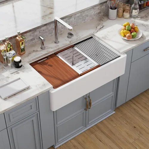 Miniatura 17 de Farm - Fregadero de cocina reversible con 24 unidades, color blanco, 24 x 18 pulgadas, delantal frontal de porcelana blanca, de cerámica y arcilla