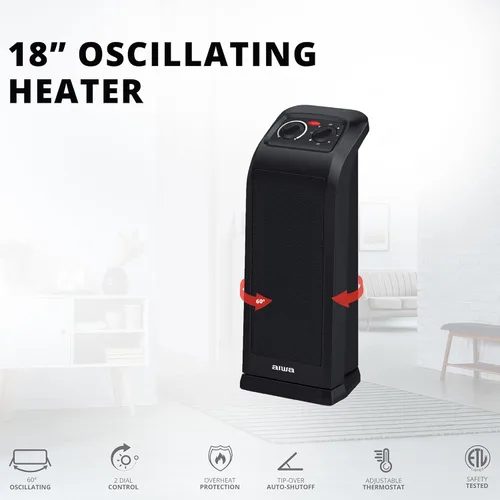 Miniatura 6 de Aiwa Calentador de espacio de cerámica, 1500 W, 18 pulgadas, calentador eléctrico oscilante de 60° para interiores, modos alto/bajo/ventilador