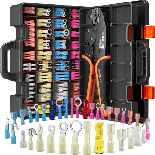 Miniatura 10 de SOMELINE - Herramienta de crimpado para kit de conectores termorretráctiles, con conectores termorretráctiles de extremo calibre 22-10 de grado