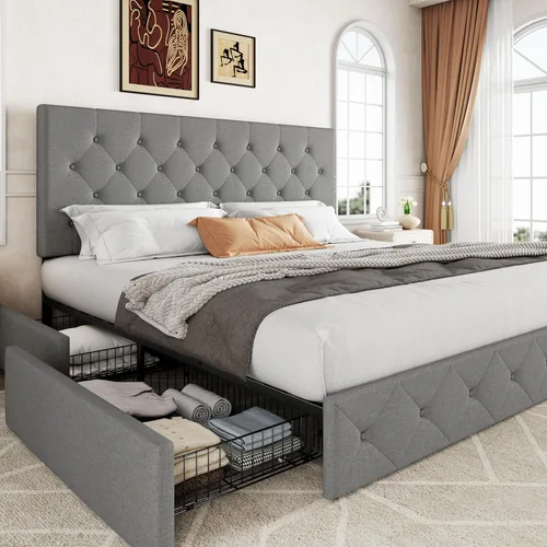 Miniatura 16 de Allewie - Base de cama tapizada de tamaño Full con plataforma, con 4 cajones de almacenamiento y cabecero, diseño cosido en cuadrados con botones