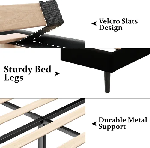 Miniatura 6 de Gruwans Base de cama tamaño King con cabecera con respaldo de ala, cama de plataforma tapizada, no necesita somier, soporte de listones de madera