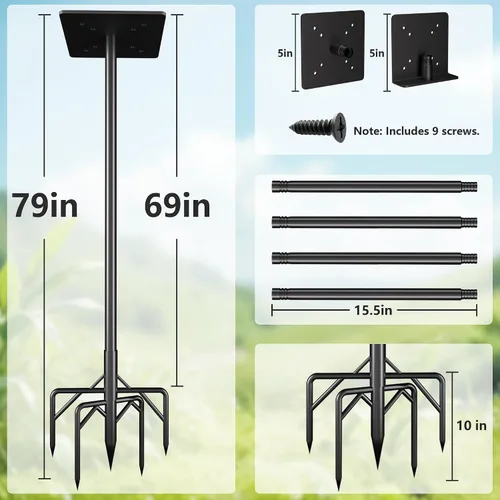 Miniatura 2 de Kit de poste para comedero de pájaros, poste de casa de pájaros de 79 pulgadas para exteriores resistente, 5 puntas de base ajustables, soporte