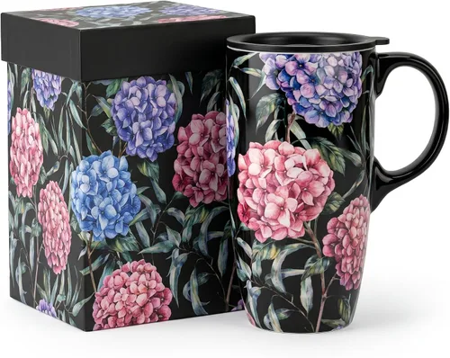 Miniatura 11 de DUSVALLY Taza de Café de Cerámica Taza Alta con Tapa, Taza de Té de Porcelana con Asa para Café con Leche, Capuchino y Cacao, Tazas de Café