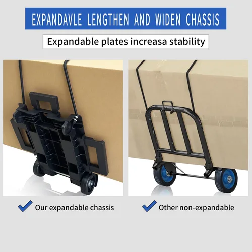 Miniatura 5 de Carro de mano plegable, carrito de equipaje de plataforma portátil, carrito plegable con 2 ruedas y 2 cuerdas, chasis grande expandible portátil