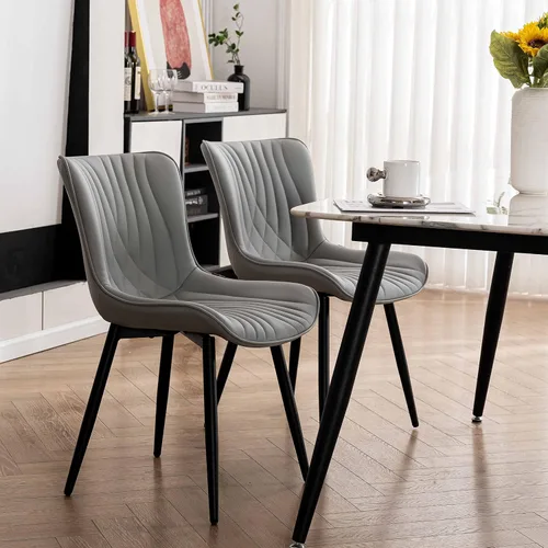 Miniatura 8 de YOUTASTE Juego de 2 sillas de comedor, modernas de mediados de siglo, tapizadas de piel sintética, con patas de metal negro, silla decorativa sin