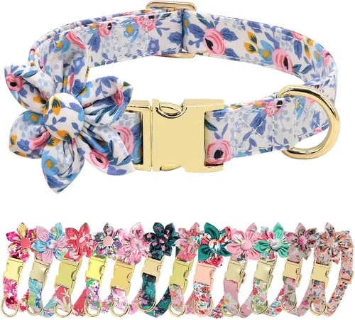 Miniatura 14 de Collares de perro femeninos Beirui con patrones florales vibrantes, collar de perro hembra con flor para caminar, collar ajustable duradero