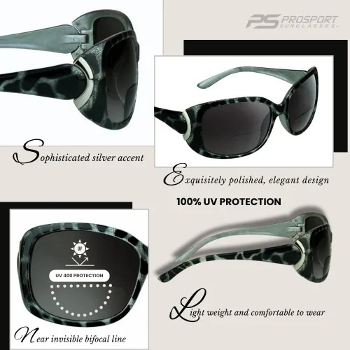 Miniatura 3 de proSPORT Lentes de sol bifocales para mujer, diseño moderno de guepardo, dorado, plateado, de gran tamaño, Jackie O, degradado, negro, tortuga