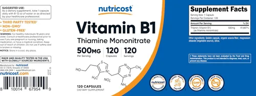 Miniatura 6 de Vitamina B1 Nutricost (Tiamina) 0,018 oz, 120 cápsulas, 1 botella, 1