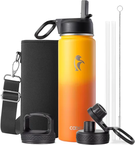 Miniatura 44 de Coolflask Botella de agua de 20 onzas aislada con pajilla, 3 tapas de metal de acero inoxidable, botella de agua de boca ancha para deportes u
