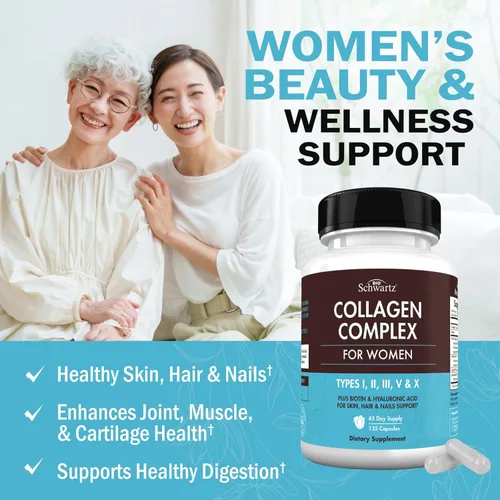 Miniatura 3 de BioSchwartz Cápsulas de péptido de colágeno hidrolizado, suplementos de colágeno múltiple para mujeres tipos I, II, III, V, X con vitamina C