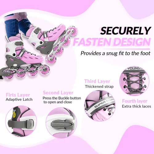 Miniatura 4 de SUPER YOUNGSTER Patines en línea ajustables para niños y niñas de 4 a 12 años con ruedas iluminadas, patines en línea para niños y niñas Rosa