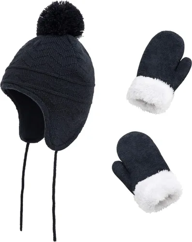 Miniatura 10 de Conjunto de guantes y gorro de invierno para niños, gorro de forro polar cálido, gorro de punto y guantes para niños y niñas