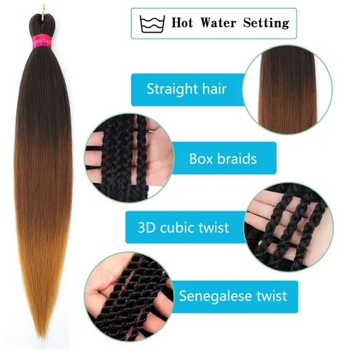 Miniatura 4 de Cabello trenzado preestirado, cabello trenzado degradado de 28 pulgadas, paquete de 8 extensiones de cabello trenzado de mezcla de colores sedosos