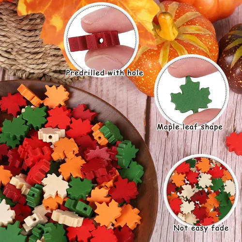 Miniatura 3 de Whaline 150 cuentas de madera de hoja de arce de otoño de Acción de Gracias, 5 colores, cuentas de madera rústicas de granja, cuentas de hojas