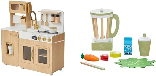 Teamson Kids Juego de cocina de madera de Chipre con 13 piezas - Cocina de simulación con fregadero, máquina de hielo, almacenamiento y accesorios