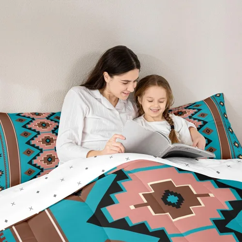 Miniatura 6 de Feelyou Juego de edredón bohemio azteca para niños, tamaño individual, juego de ropa de cama de color marrón verde azulado para niños y niñas