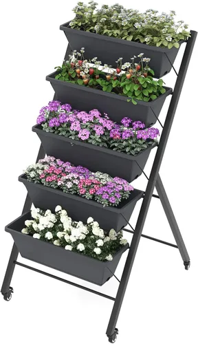 Miniatura 12 de Safstar - Macetero vertical de 5 niveles, cama de jardín elevada con 2 ruedas con bloqueo, 5 jardineras extraíbles, marco de metal, caja