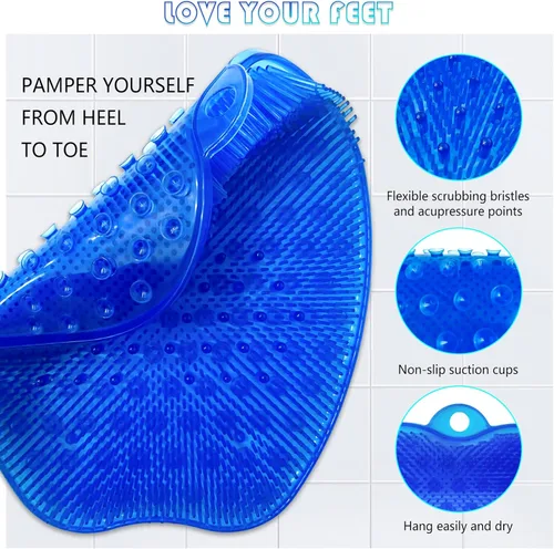 Miniatura 3 de AXLOFO® Alfombrilla de ducha para pies, tamaño XL más grande, con ventosas antideslizantes, limpia, exfolia, masajea tus pies sin doblarse, Azul