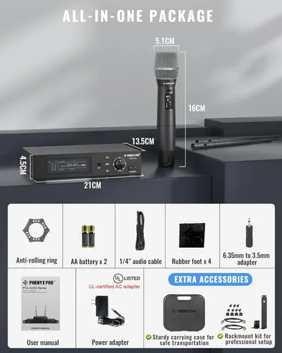 Miniatura 6 de Sistema de micrófono inalámbrico Phenyx Pro True Diversity con 1000 canales sintonizables, set de micrófono inalámbrico único con escaneo
