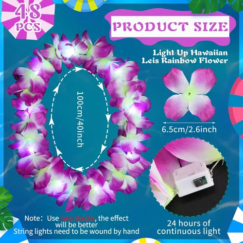 Miniatura 2 de Sherr 48 piezas Collares de leis hawaianas LED con luces LED, collares de flores de Luau para mascarada, playa, boda tropical, suministros