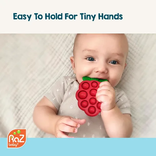 Miniatura 6 de RaZbaby RaZberry Pop - Mordedor de fresa, silicona multitexturizada para desarrollo sensorial y alivio de la dentición, fácil de sostener para manos