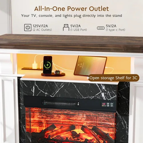 Miniatura 3 de LGHM Soporte de TV con Chimenea Eléctrica LED con Tomacorriente, Repisa de Chimenea de 72'' para TVs de hasta 80'', Centro de Entretenimiento Blanco