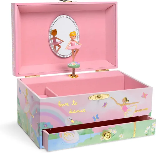 Jewelkeeper Caja de almacenamiento de joyería musical para niña con cajón extraíble, diseño de arcoíris y lámina dorada, tono de lago de cisne