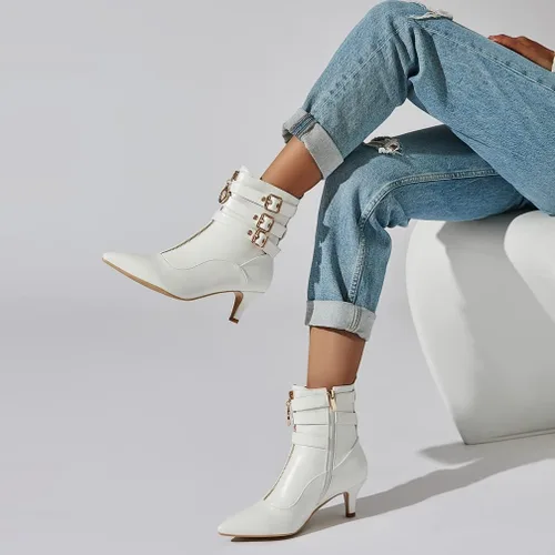 Miniatura 4 de KISSASA Botines de tacón de gatito con correa de hebilla para mujer, puntera puntiaguda, con cremallera