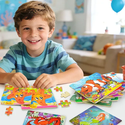 Miniatura 6 de Paquete de 12 rompecabezas de madera fáciles para niños de 4 a 8 años, animales marinos pequeños de verano para niños y niñas, rompecabezas de viaje